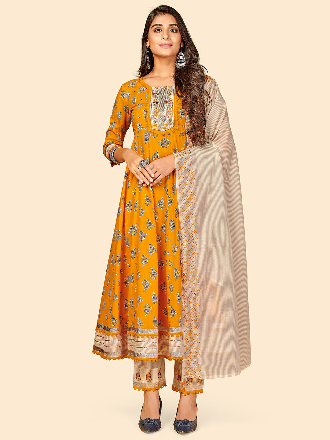 Women's Printed & Embroidered Anarkali Cotton Yellow Stitched Kurta Pant With Dupatta - Vbuyz