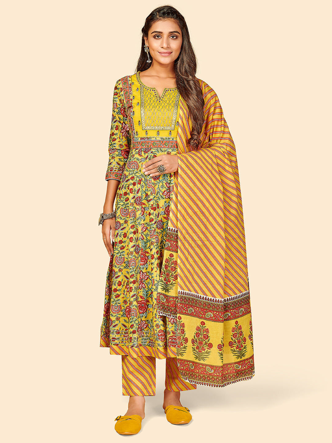 Women's Yellow Anarkali Cotton Kurta With Pant & Dupatta By Vbuyz (3Pcs Set)