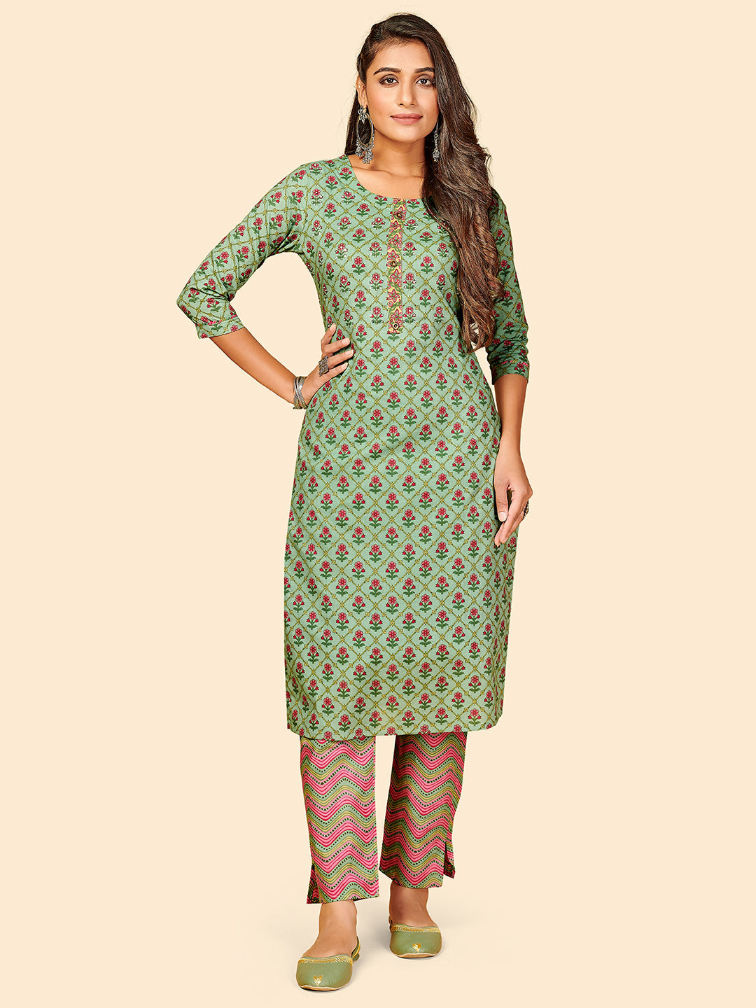 Women's Printed & Hand Work Straight Cotton See Green Stitched Kurta With Pant - Vbuyz