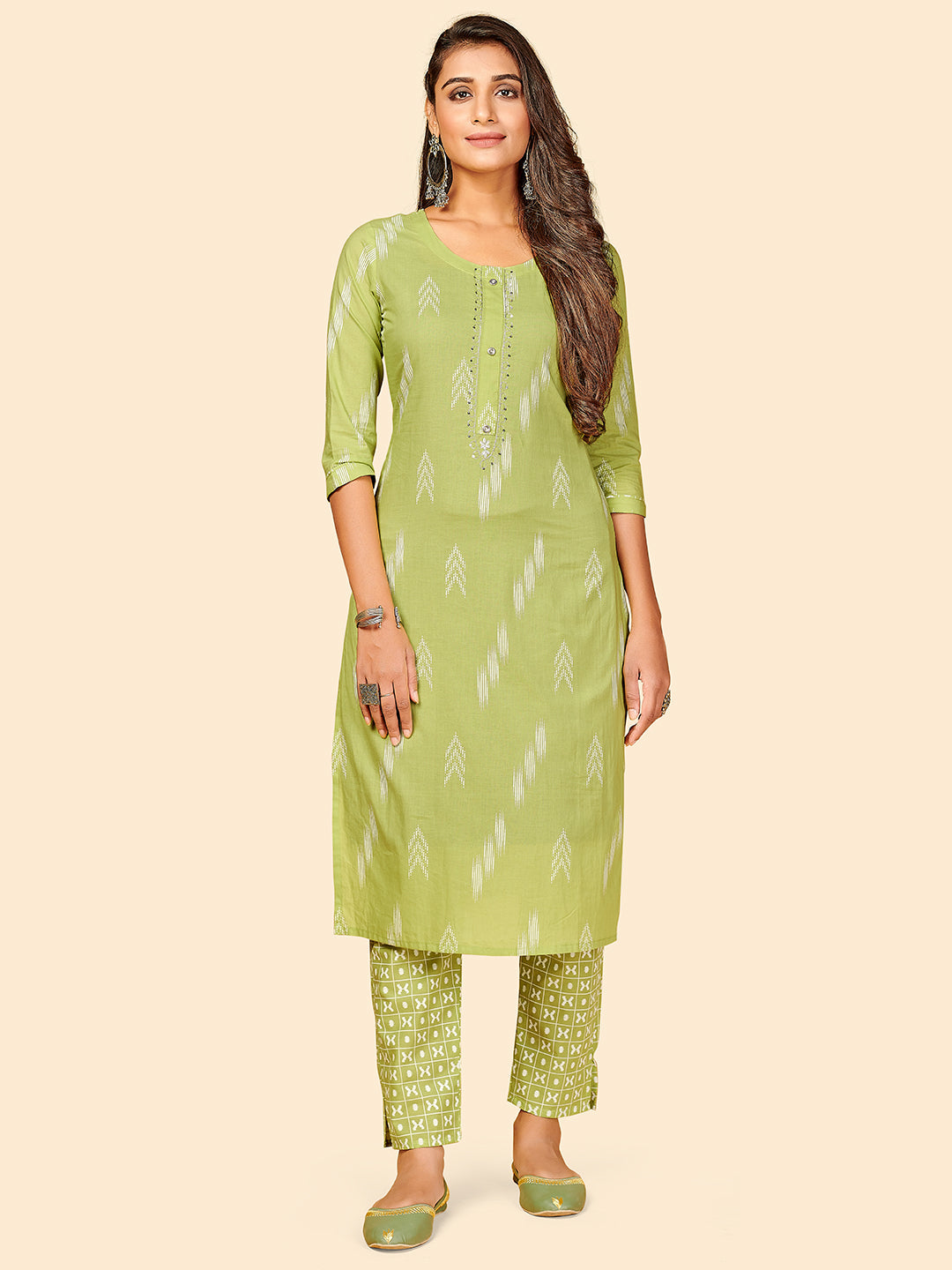 Women's Printed & Sequience Work Straight Cotton Parrot Green Stitched Kurta With Pant - Vbuyz