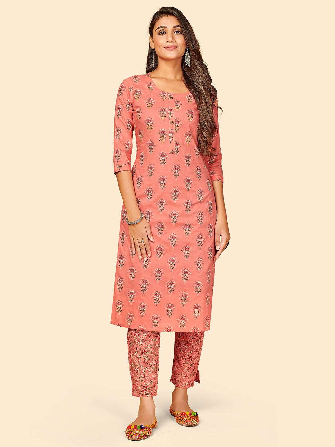 Women's Printed & Hand Work Straight Cotton Peach Stitched Kurta With Pant - Vbuyz