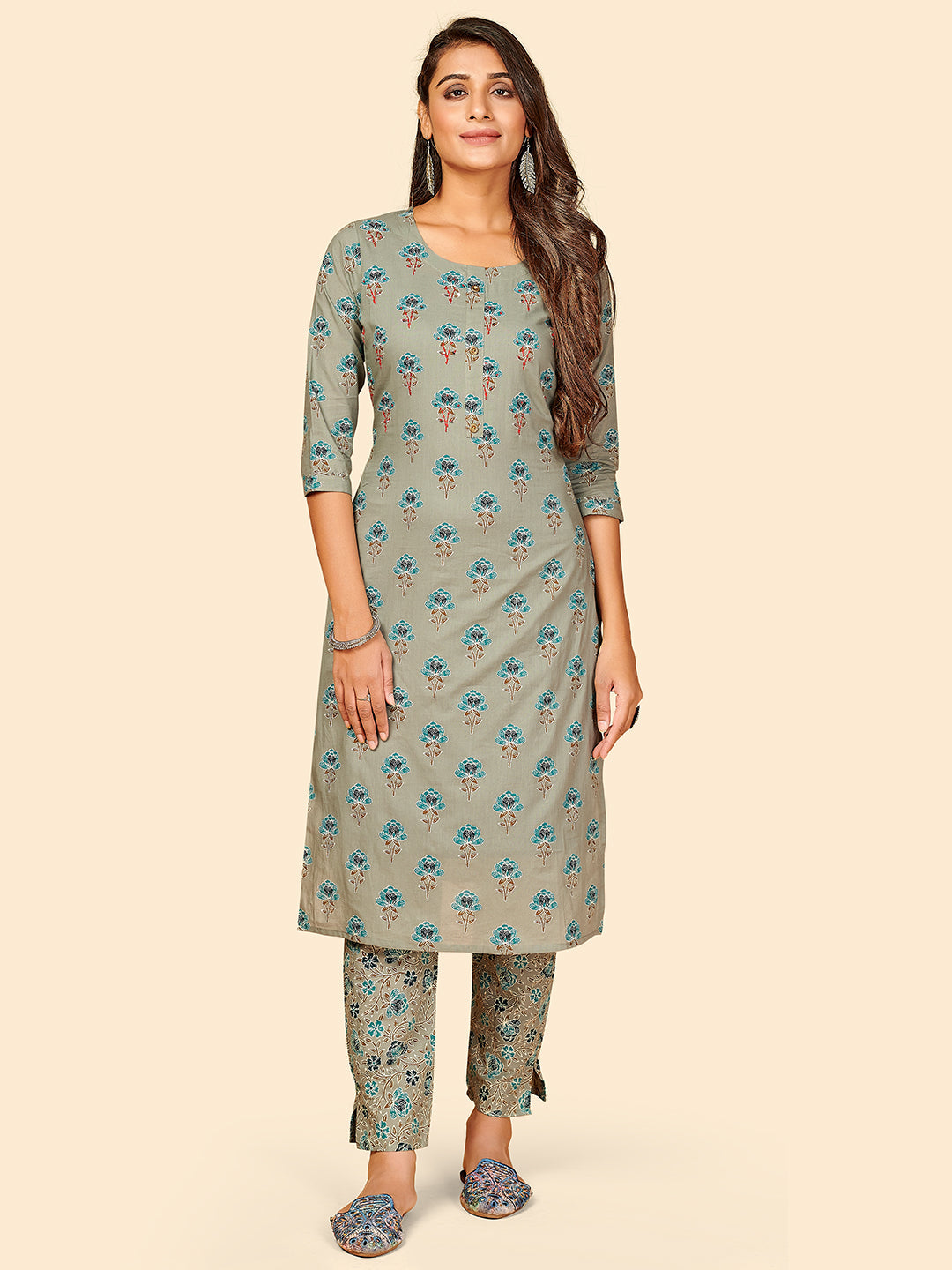 Women's Grey Cotton Kurta With Pant By Vbuyz (2Pcs Set)