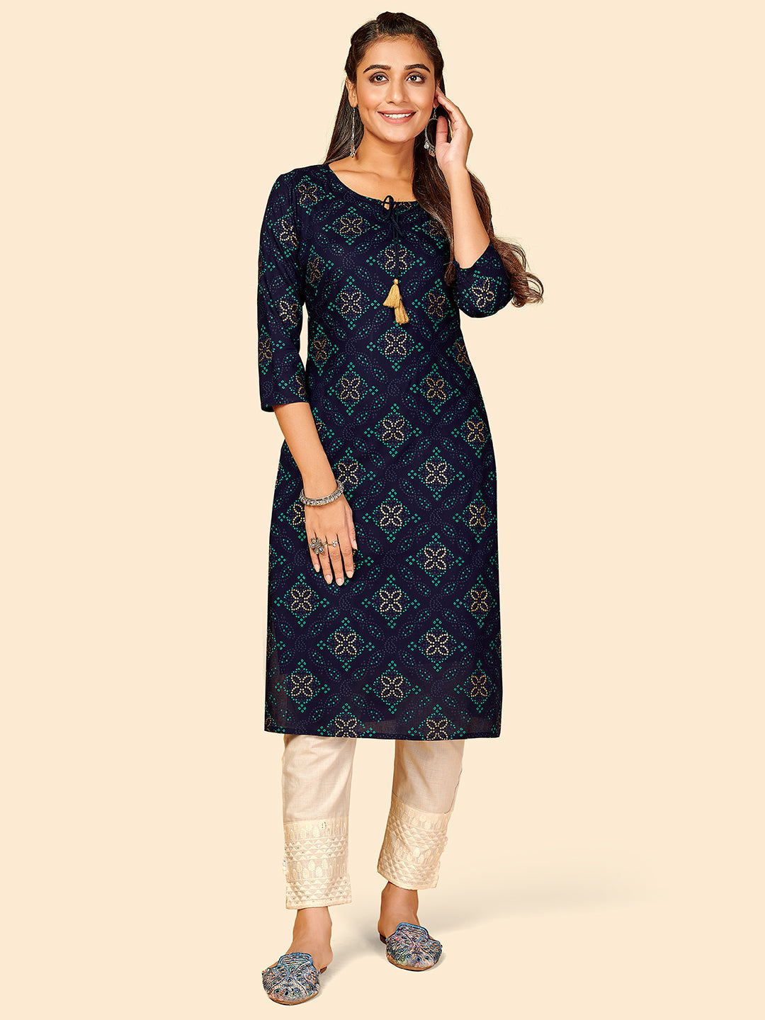 Women's Printed Straight Cotton Blue Stitched Kurta - Vbuyz