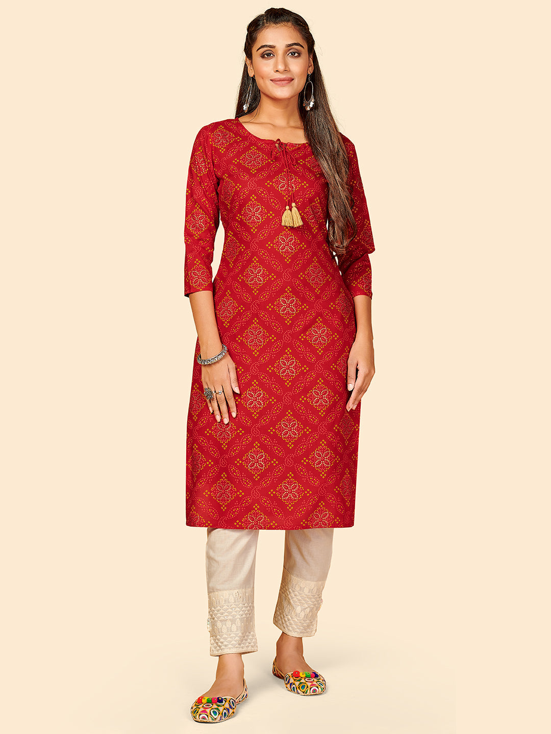 Women's Printed Straight Cotton Red Stitched Kurta - Vbuyz