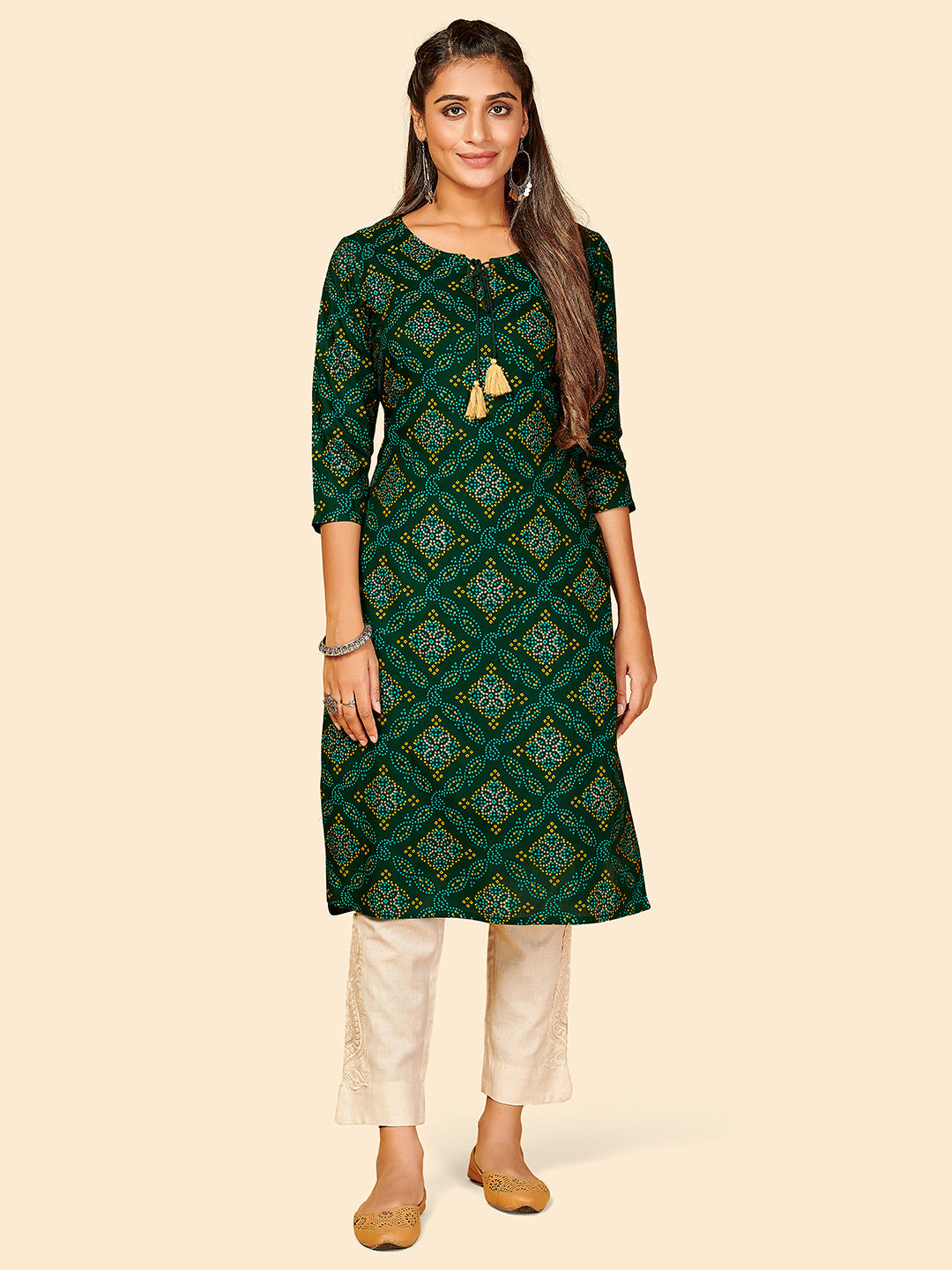 Women's Printed Straight Cotton Green Stitched Kurta - Vbuyz