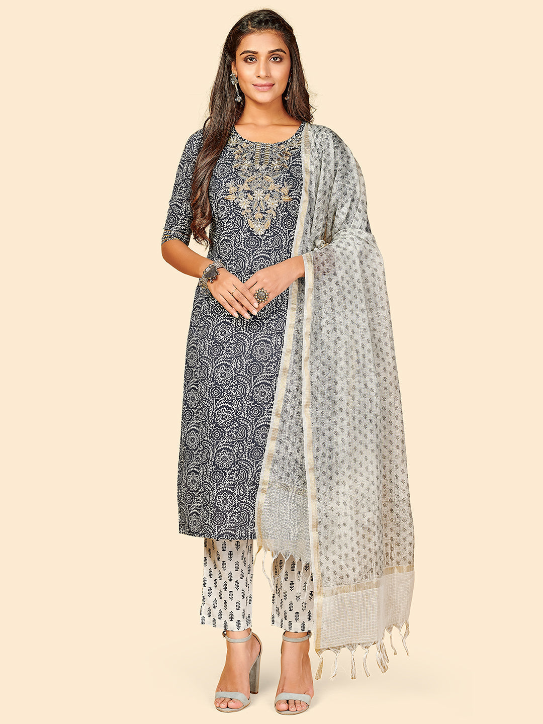 Women's Printed & Embroidered Straight Cotton Blue Stitched Kurta Pant With Dupatta - Vbuyz