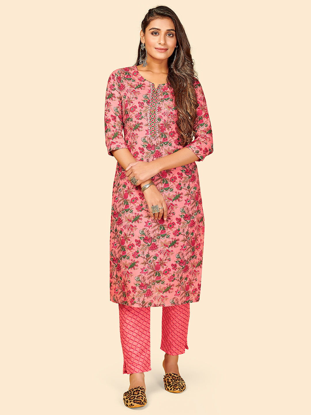 Women's Printed & Gotta Work Straight Cotton Pink Stitched Kurta With Pant - Vbuyz