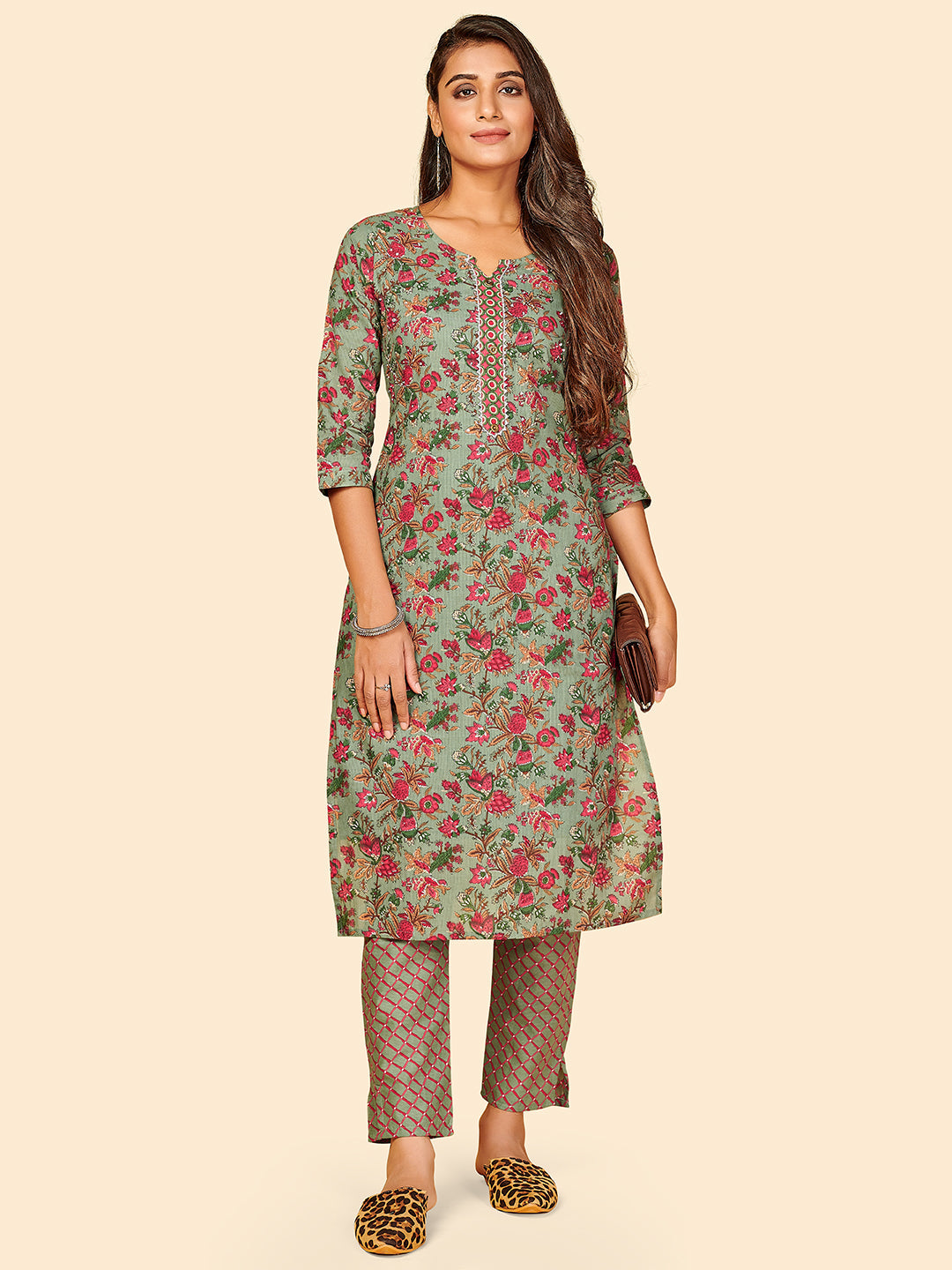 Women's Printed & Gotta Work Straight Cotton Olive Green Stitched Kurta With Pant - Vbuyz