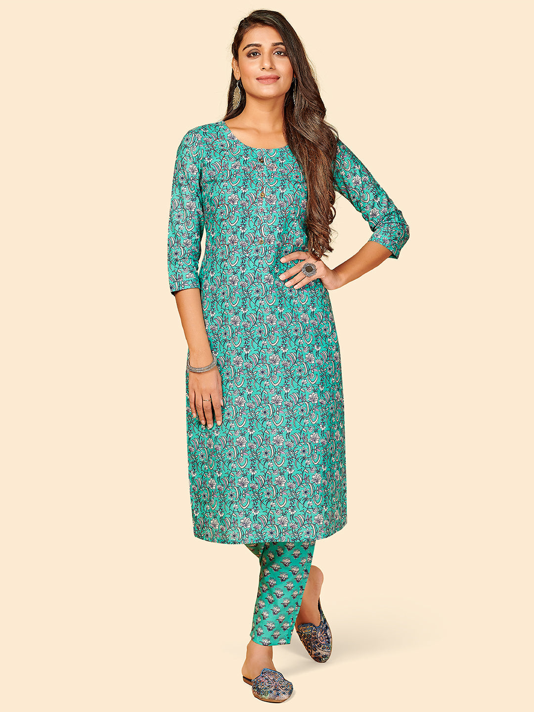 Women's Printed Straight Cotton Turquoise Stitched Kurta With Pant - Vbuyz