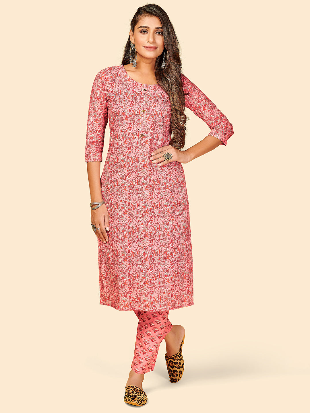 Women's Pink Cotton Kurta With Pant By Vbuyz (2Pcs Set)