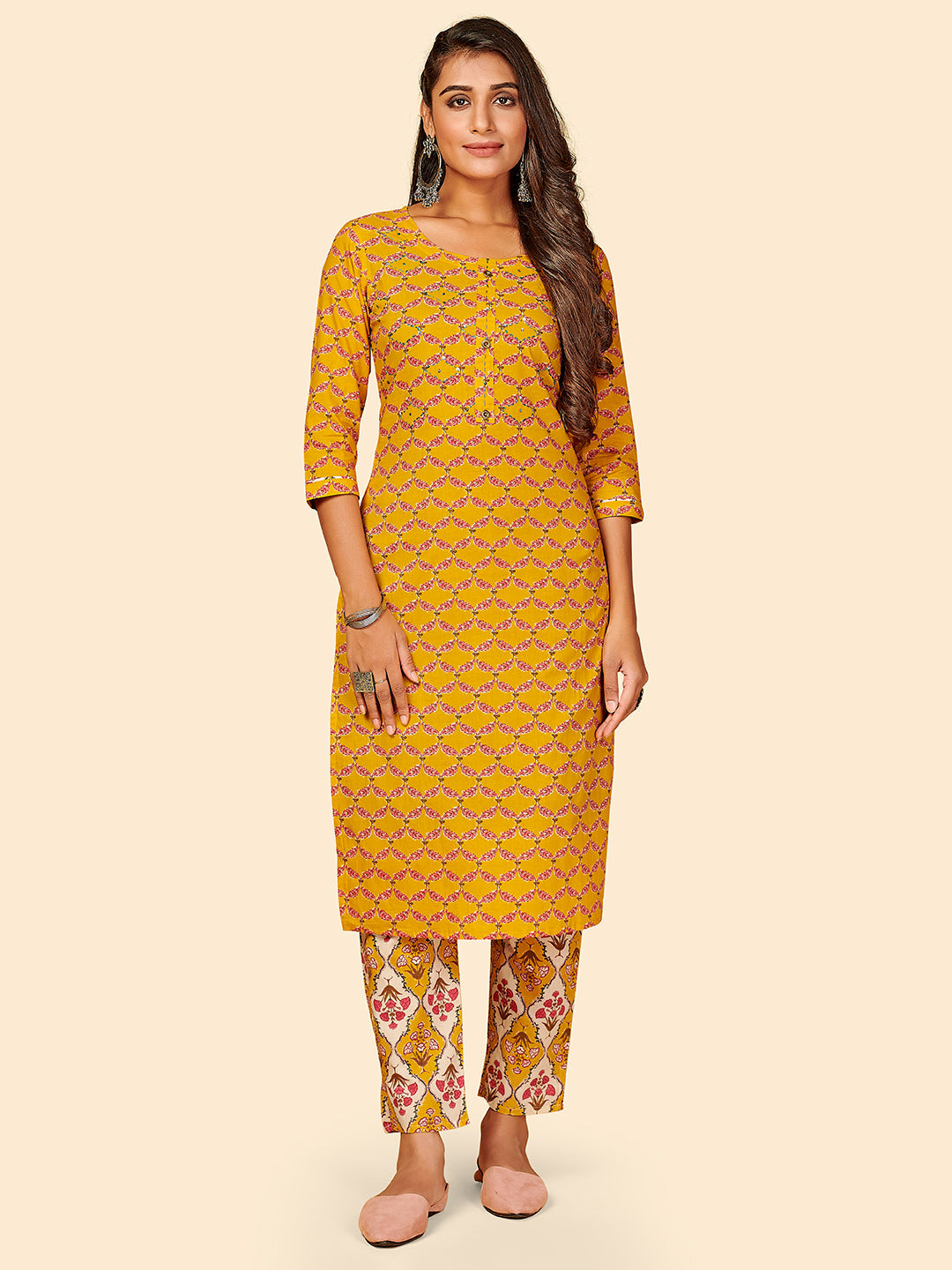 Women's Printed & Hand Work Straight Cotton Yellow Stitched Kurta With Pant - Vbuyz