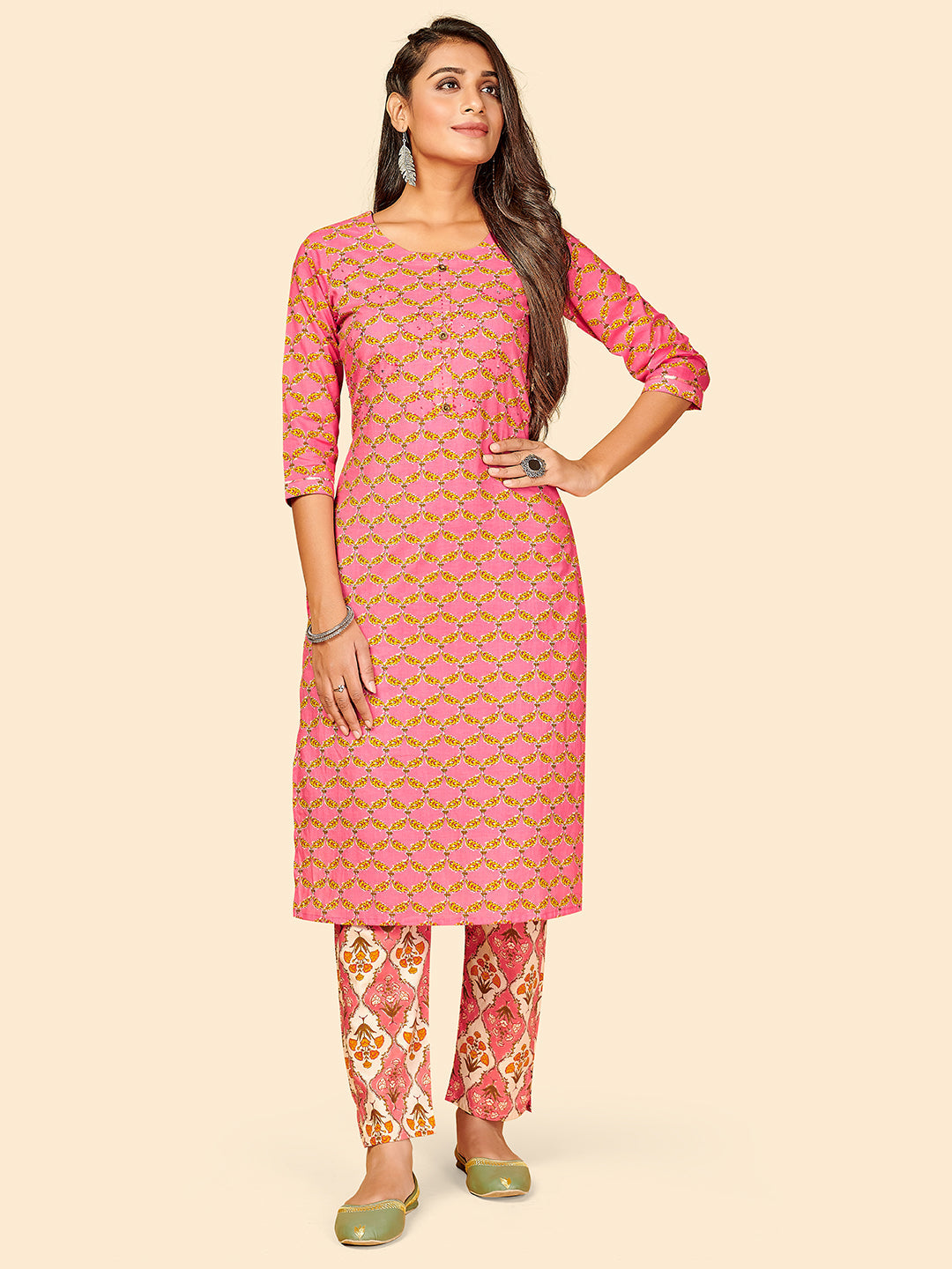 Women's Printed & Hand Work Straight Cotton Pink Stitched Kurta With Pant - Vbuyz