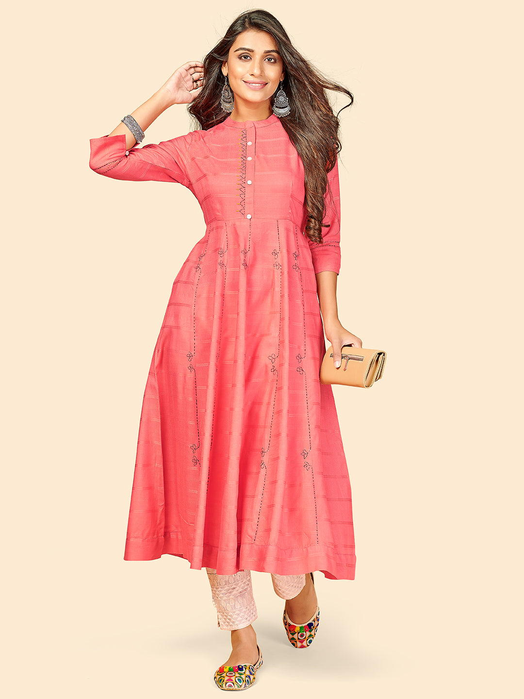 Women's Solid & Embroidered Anarkali Pink Stitched Kurta - Vbuyz