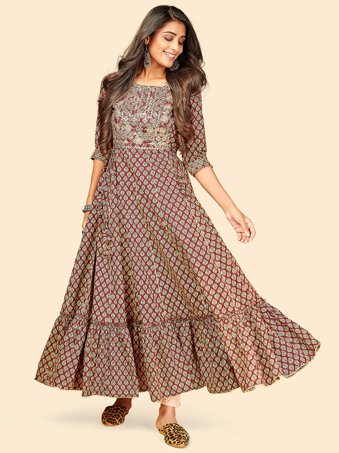 Women's Printed & Embroidered Anarkali Cotton Marron Stitched Kurta - Vbuyz