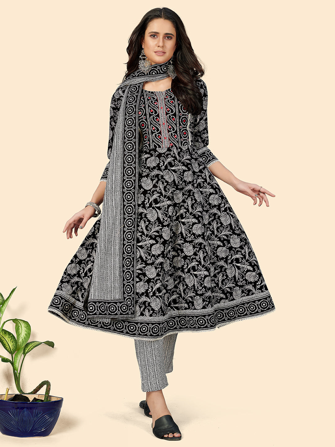 Women's Black Printed Anarkali Kurta With Pants & Dupatta By Vbuyz (3 Pc Set)