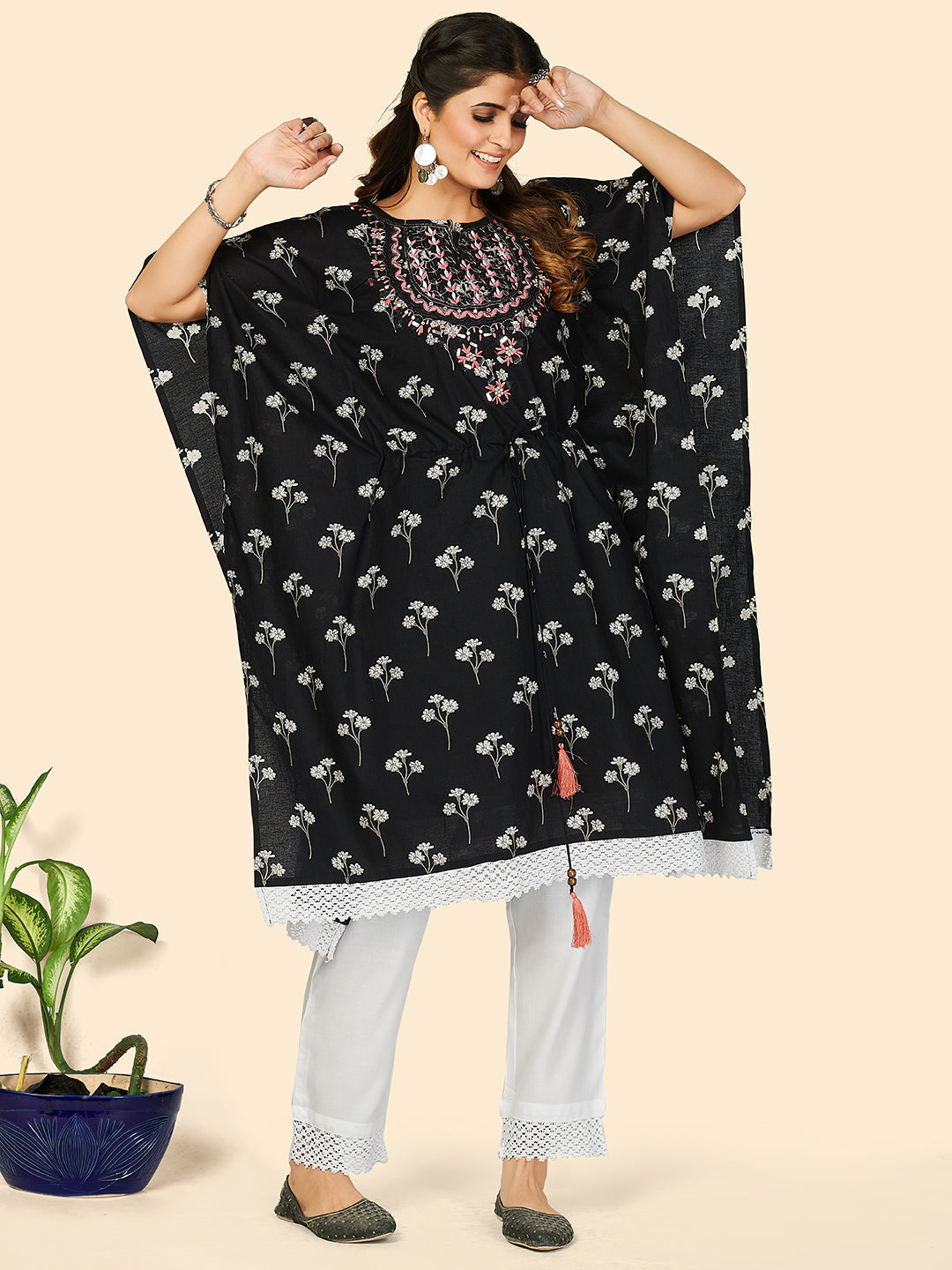 Women's Black Printed Cotton Kaftan Kurta With Dupatta By Vbuyz (2 Pc Set)