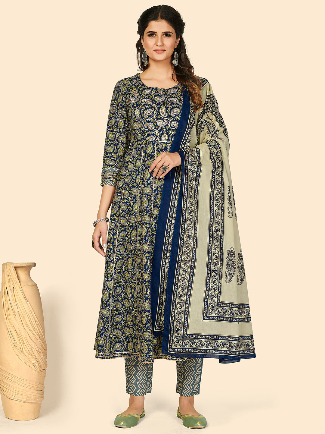 Women's Print & Gota Patti Anarkali Cotton Blue Stitched Kurta Pant With Dupatta - Vbuyz