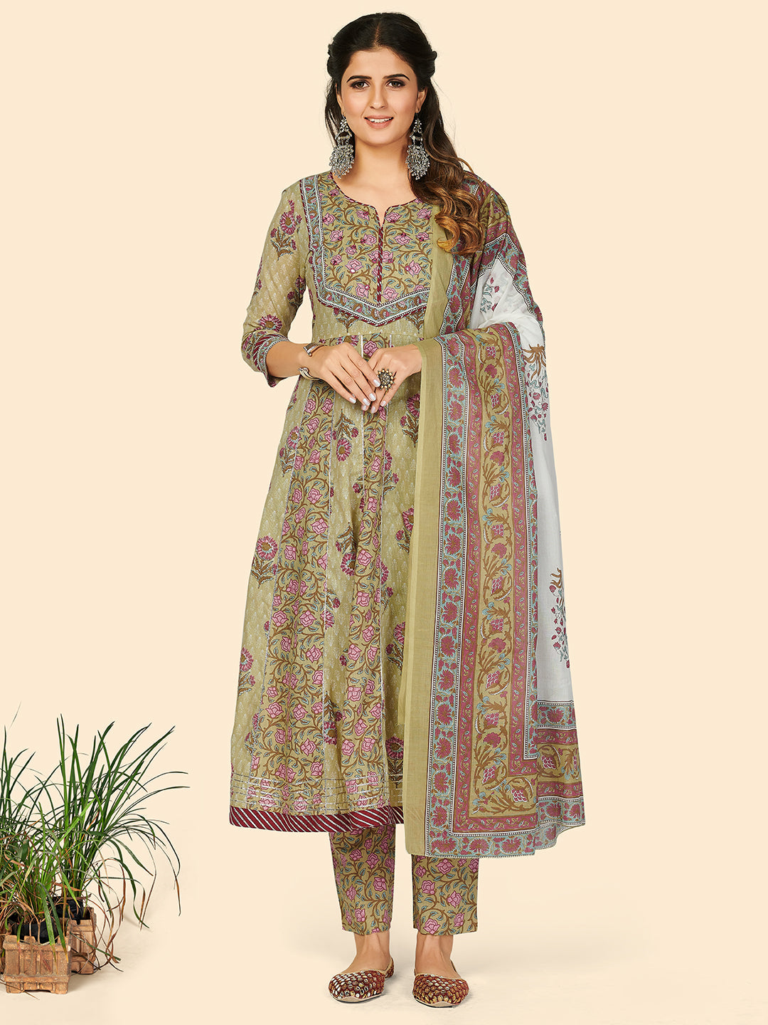 Women's Print & Embroidered Anarkali Cotton Pista Stitched Kurta Pant With Dupatta - Vbuyz