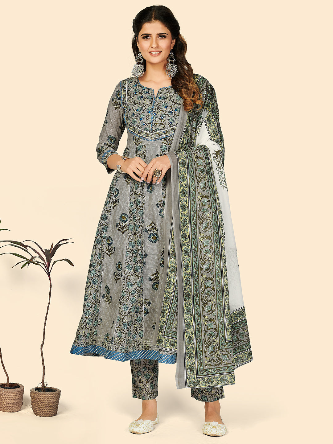 Women's Print & Embroidered Anarkali Cotton Grey Stitched Kurta Pant With Dupatta - Vbuyz