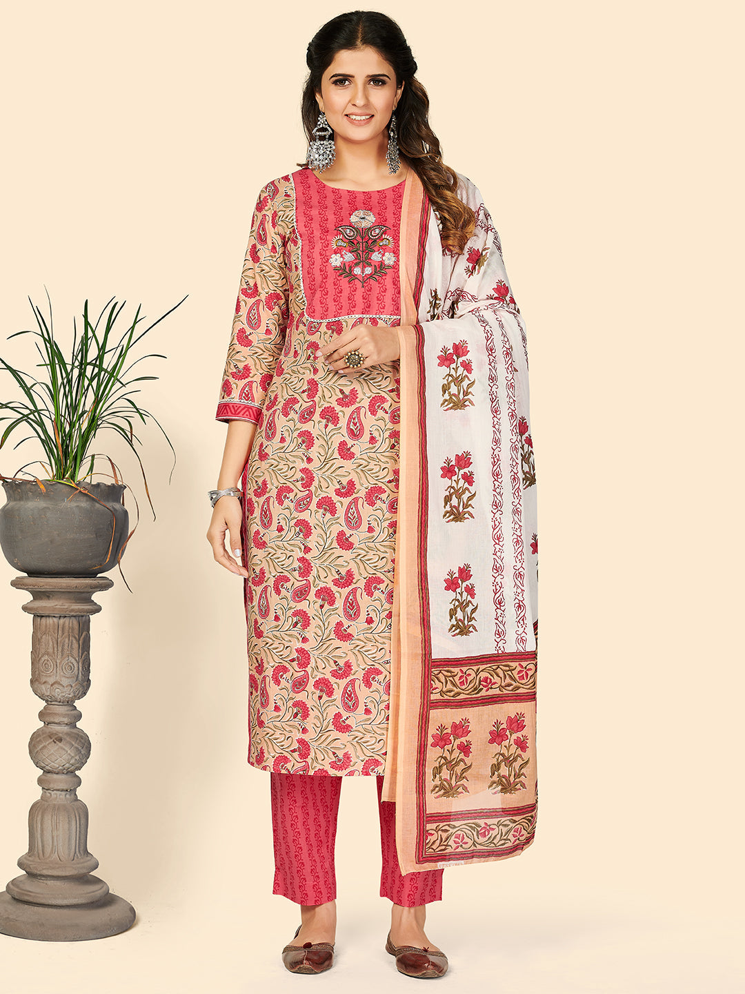 Women's Print & Embroidered Straight Cotton Beige Stitched Kurta Pant With Dupatta - Vbuyz