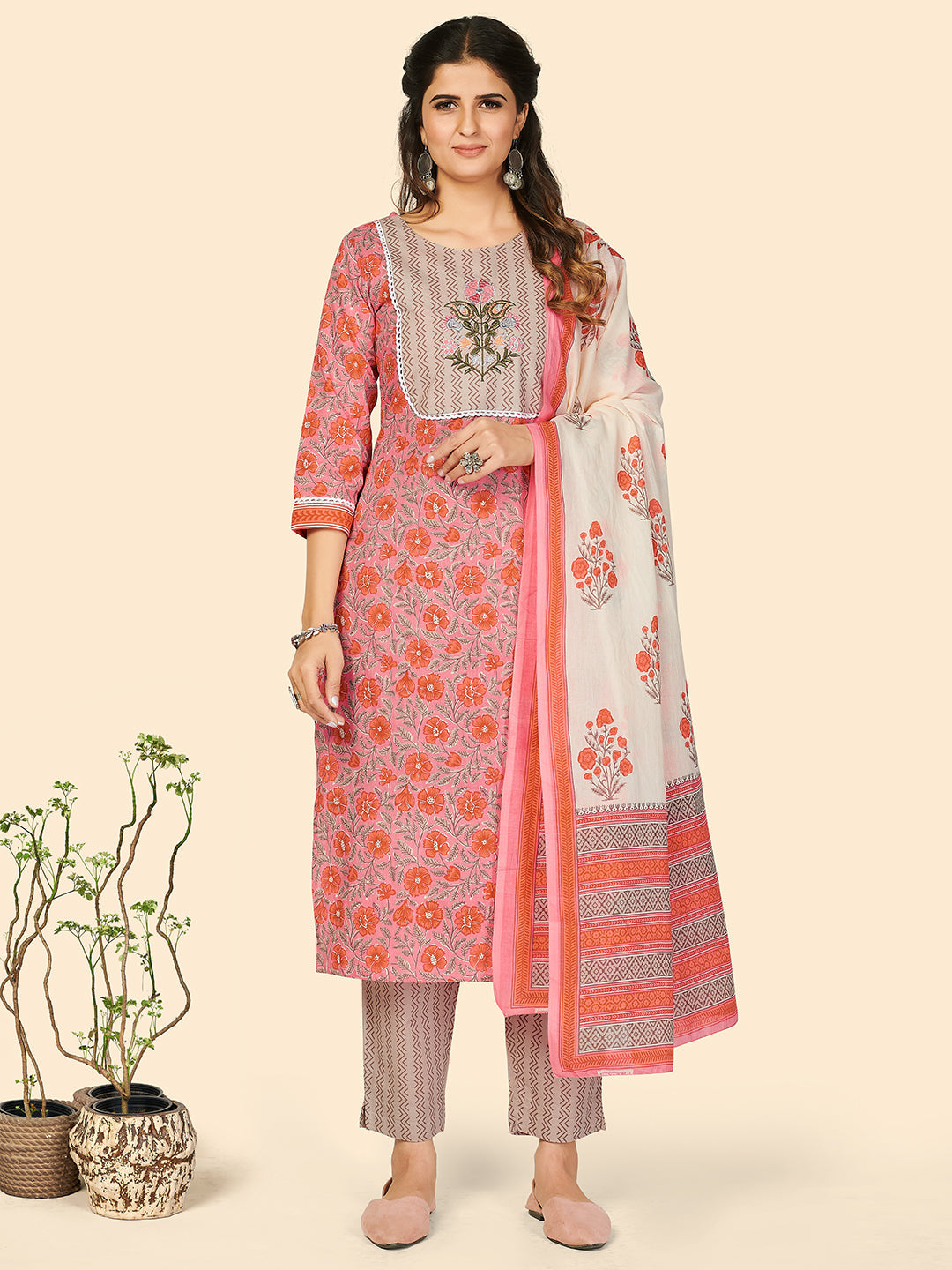 Women's Print & Embroidered Straight Cotton Pink Stitched Kurta Pant With Dupatta - Vbuyz