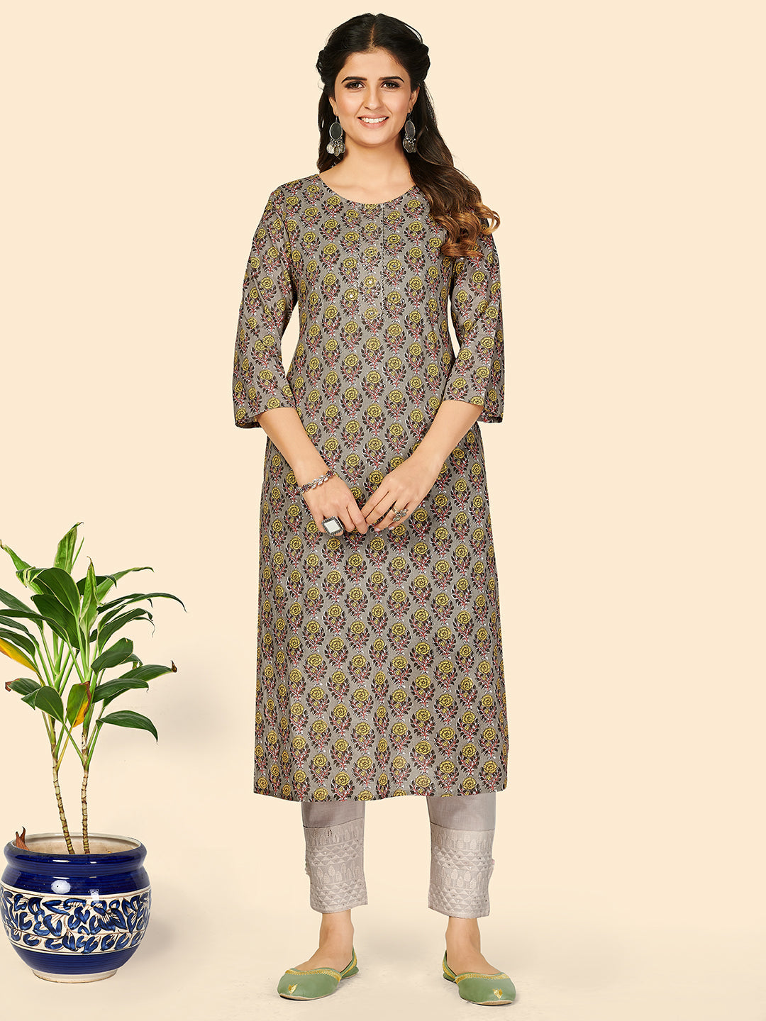 Women's Print & Sequience Straight Cotton Olive  Stitched Kurta - Vbuyz