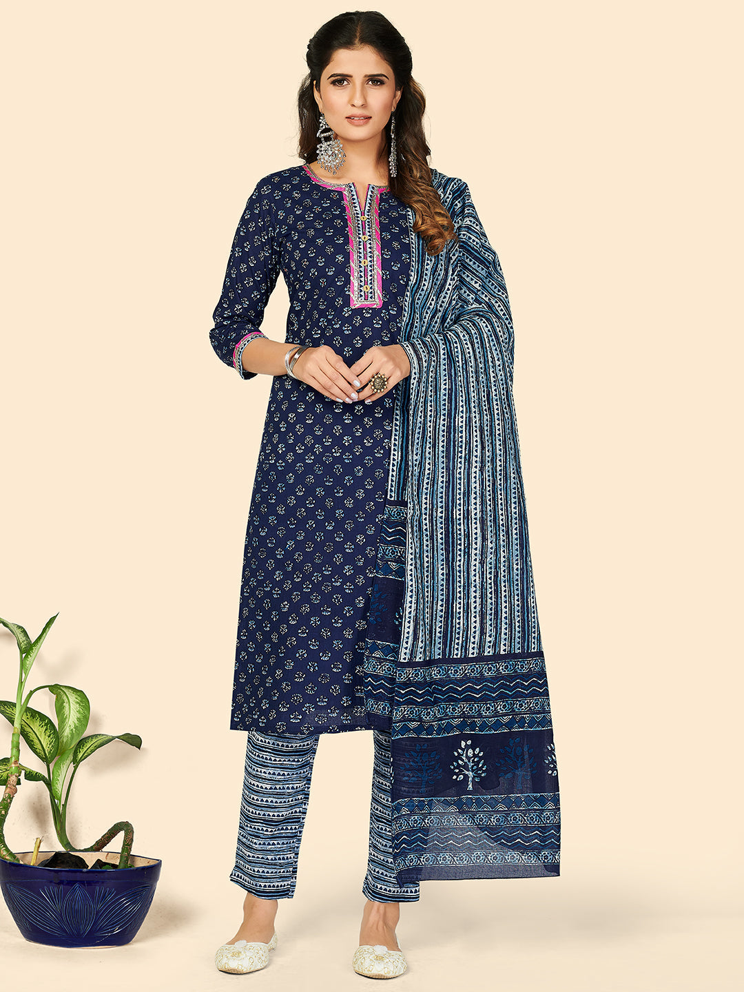 Women's Print & Gota Patti Straight Cotton Blue Stitched Kurta Pant With Dupatta - Vbuyz