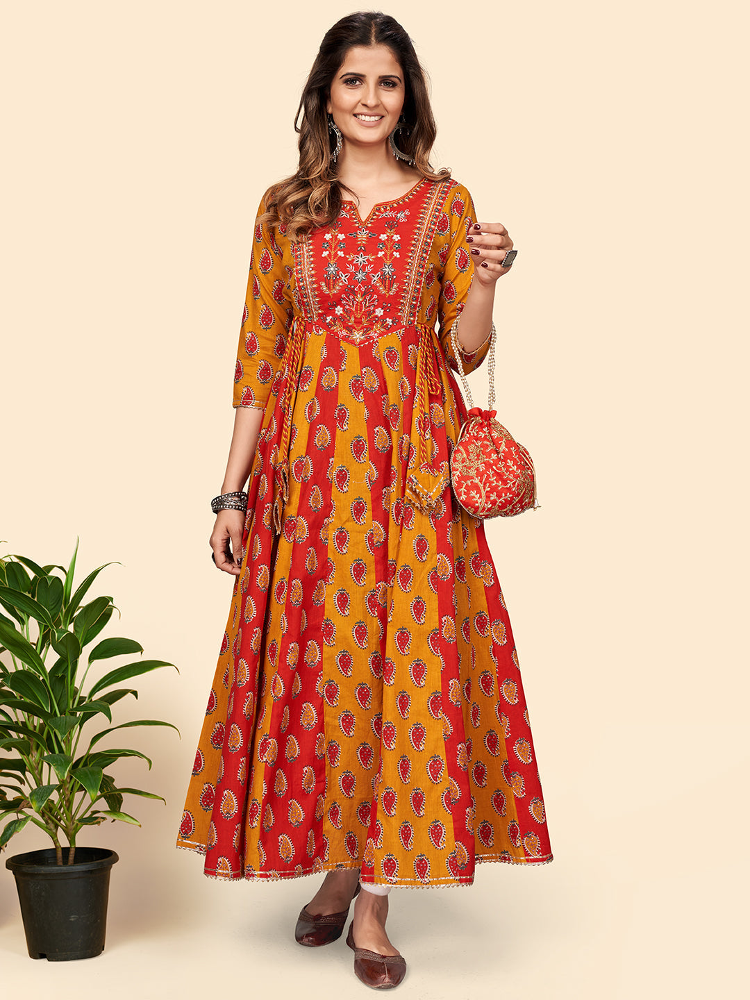 Women's Print & Embroidered Anarkali Cotton Bland Yellow Stitched Kurta - Vbuyz