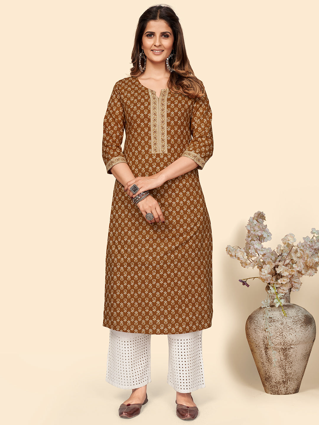 Women's Floral Print Straight Cotton Orange Stitched Kurta - Vbuyz