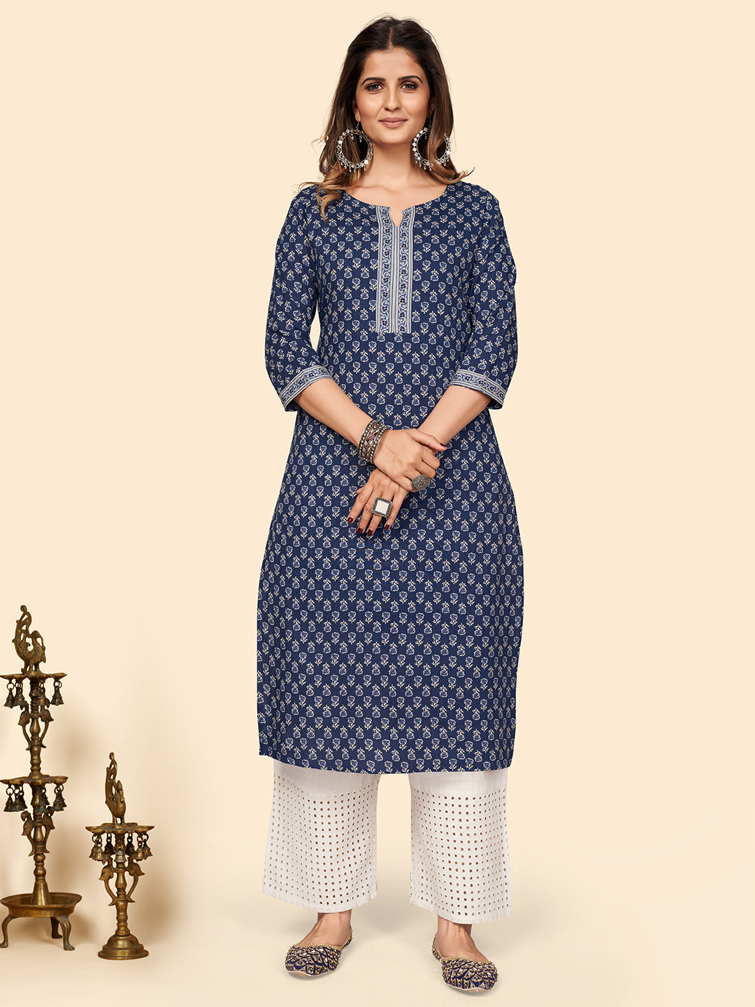 Women's Floral Print Straight Cotton Blue Stitched Kurta - Vbuyz