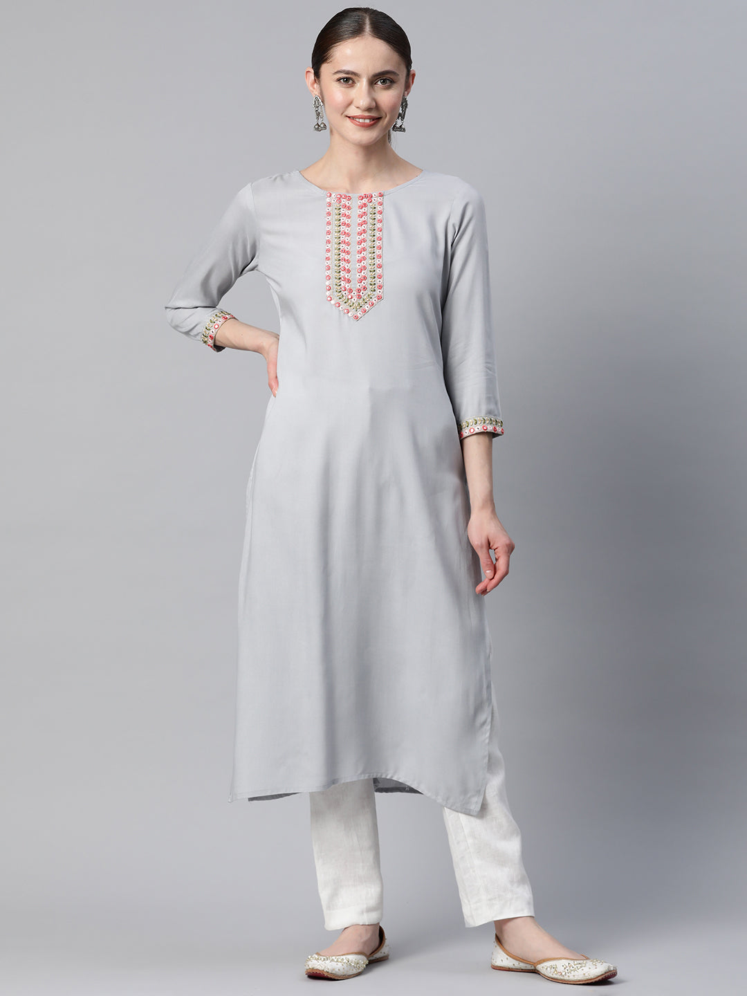 Women's Embroidered Straight Rayon Grey Stitched Kurta - Vbuyz