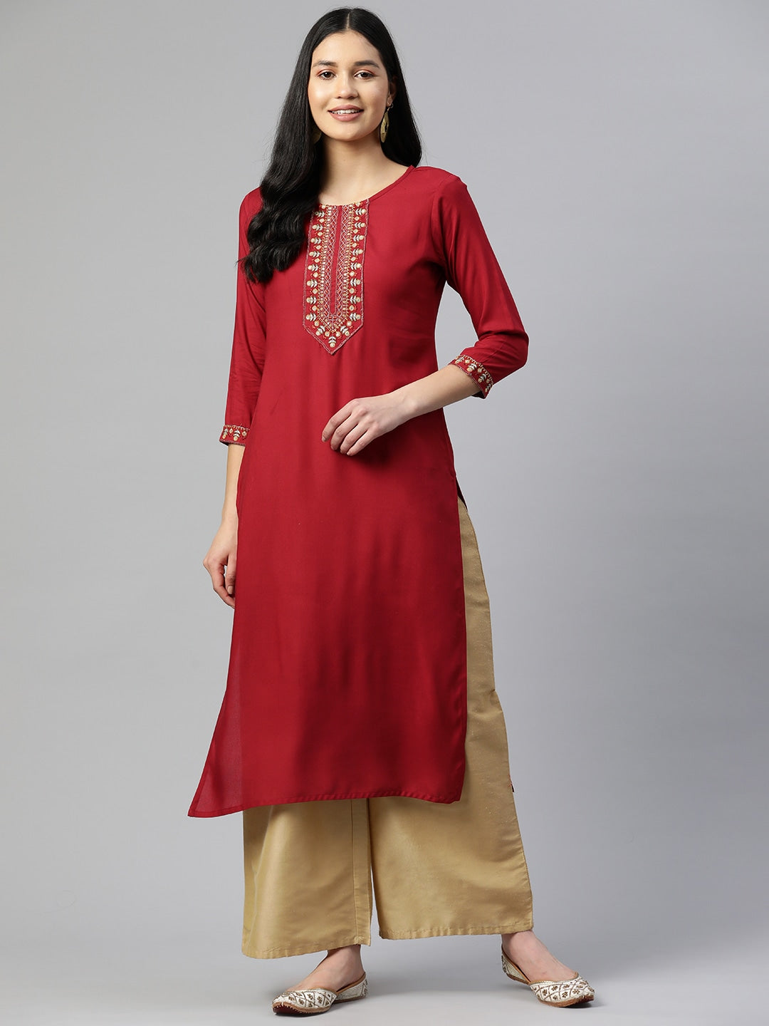 Women's Embroidered Straight Cotton Blend Red Stitched Kurta - Vbuyz