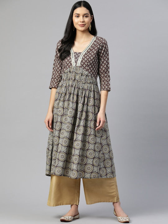 Women's Print & Mirror Work A-Line Cotton Brown Stitched Kurta - Vbuyz