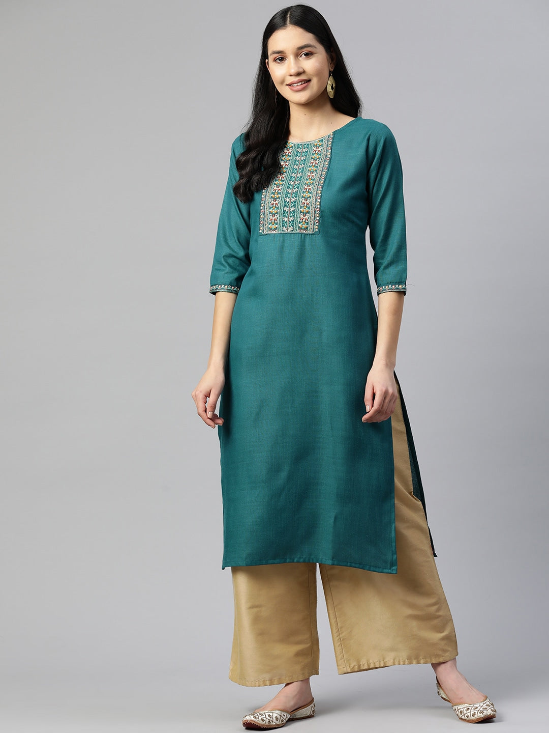 Women's Embroidered Straight Cotton Blend Turquoise Stitched Kurta - Vbuyz