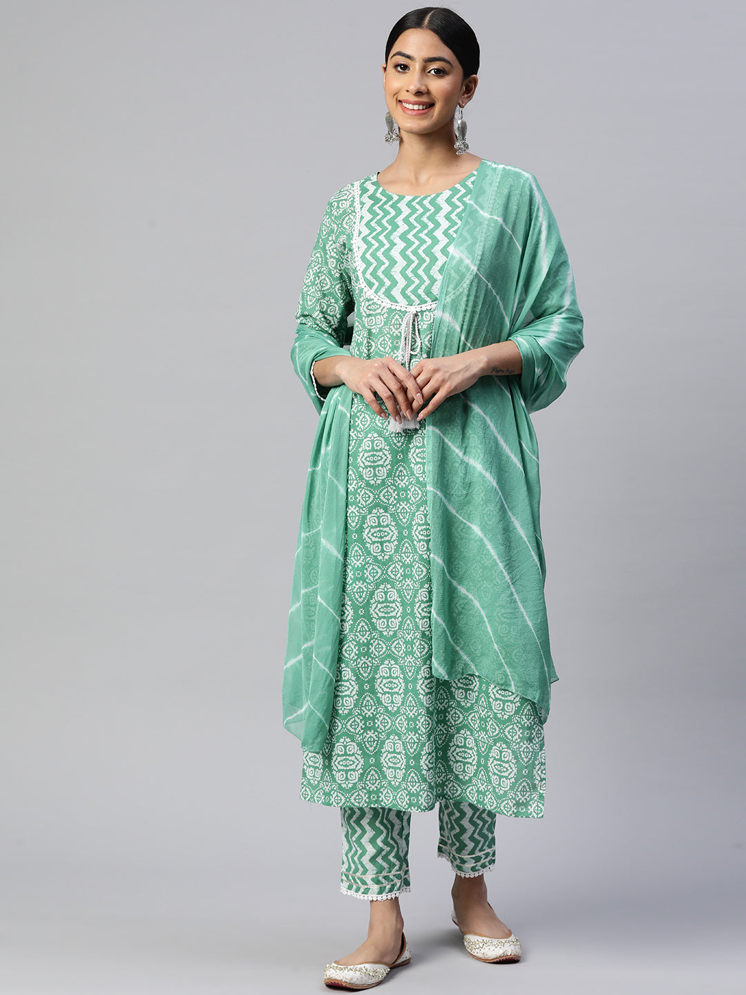 Women's Printed Straight Cotton Sea Green Stitched Kurta Pant With Dupatta - Vbuyz