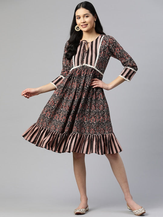 Women's Printed Flared Cotton Black Stitched Dress - Vbuyz