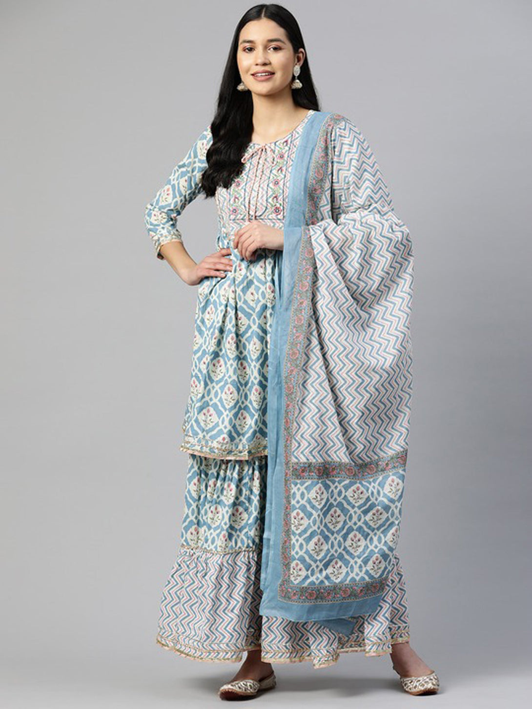 Women's Print & Embroidered Flared Cotton Light Blue Stitched Kurta Sharara With Dupatta - Vbuyz