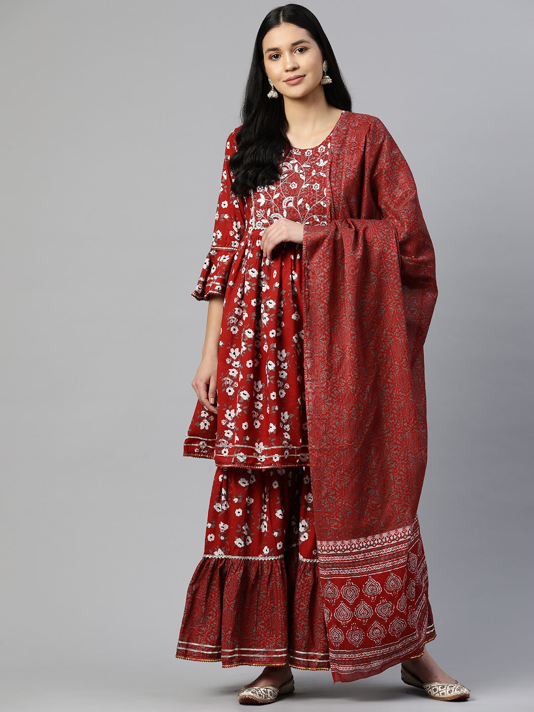 Women's Print & Embroidered Flared Cotton Red Stitched Kurta Sharara With Dupatta - Vbuyz