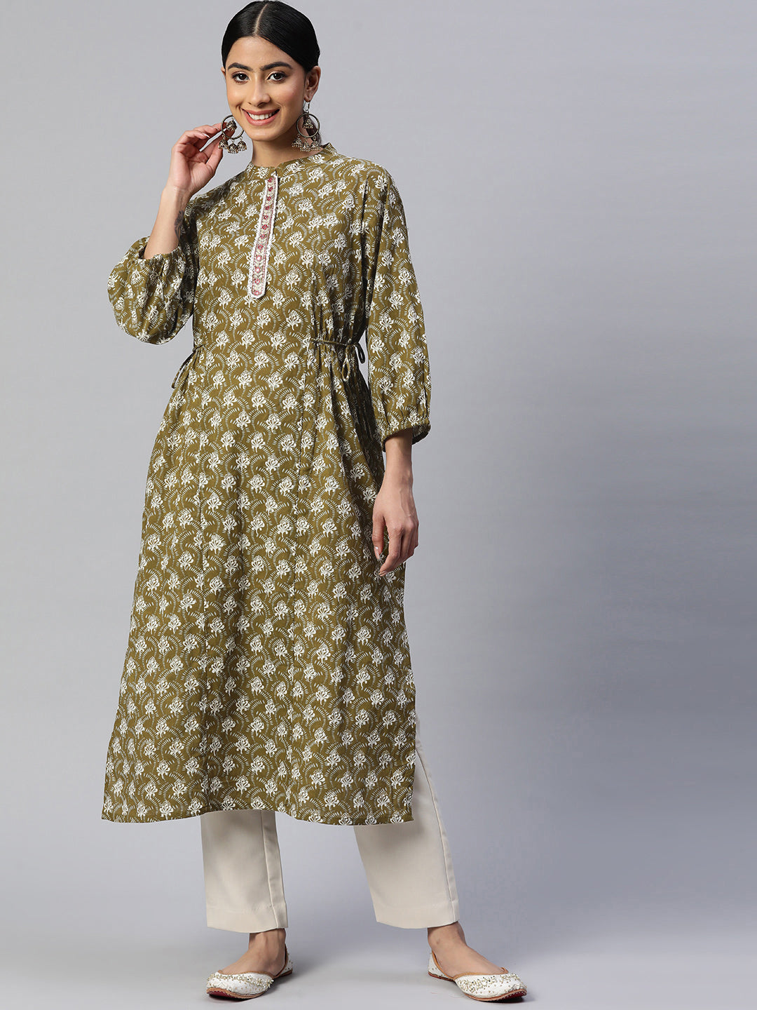 Women's Print & Embroidered Straight Cotton Green Stitched Kurta - Vbuyz