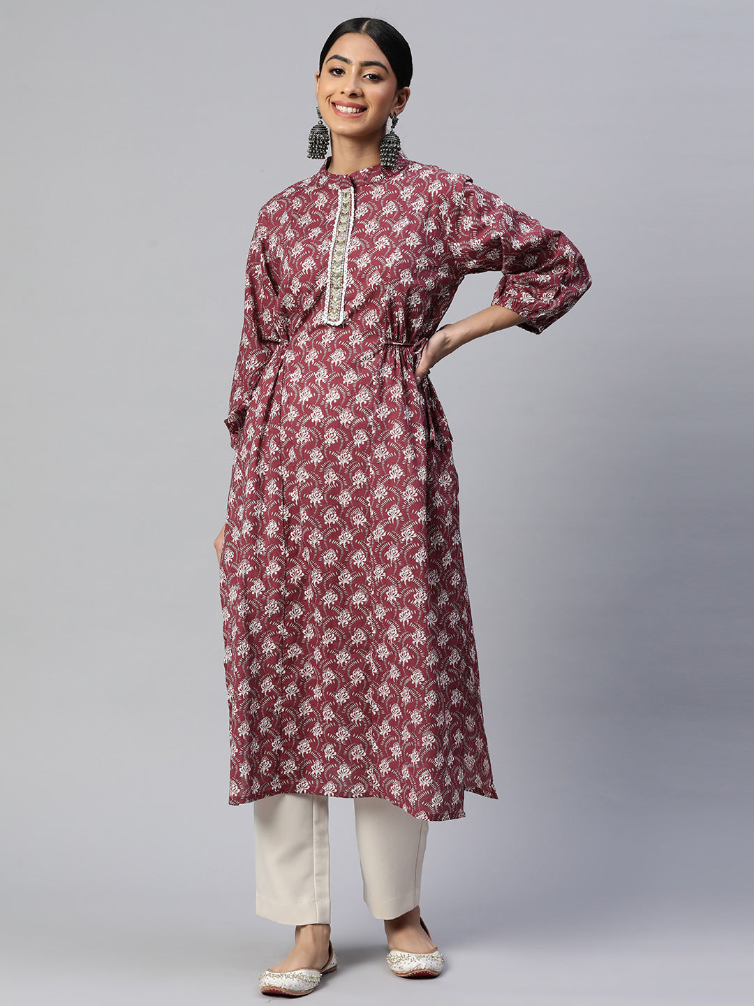 Women's Print & Embroidered Straight Cotton Rose Pink Stitched Kurta - Vbuyz