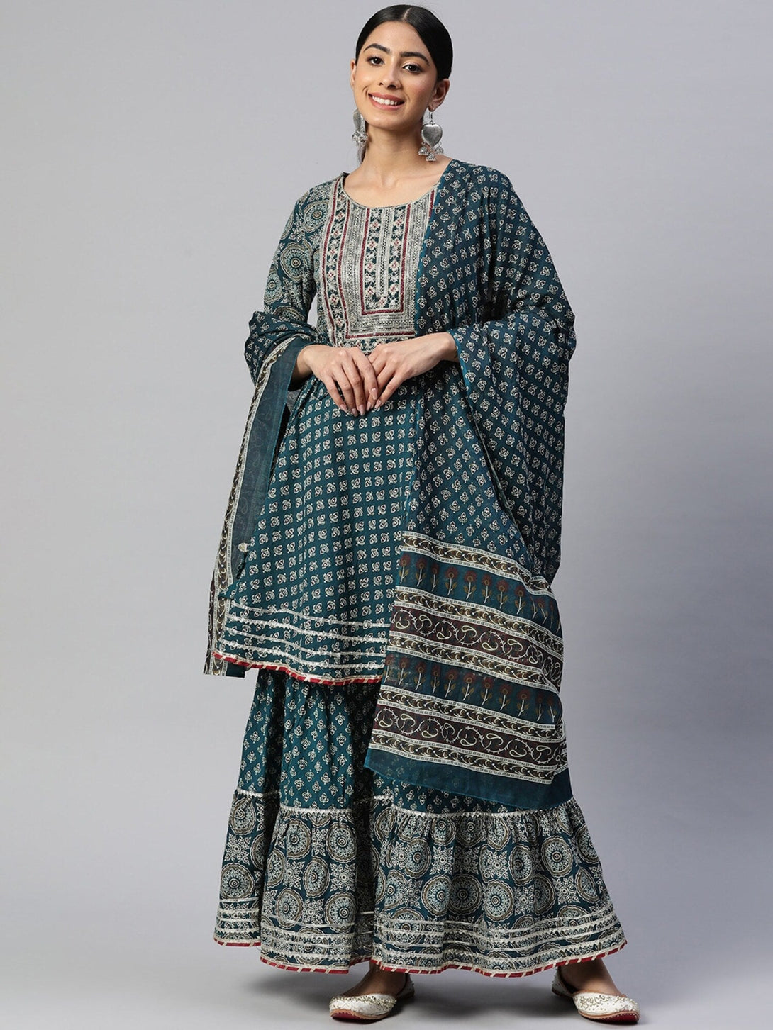 Women's Print & Embroidered Flared Cotton Teal Stitched Kurta Sharara With Dupatta - Vbuyz