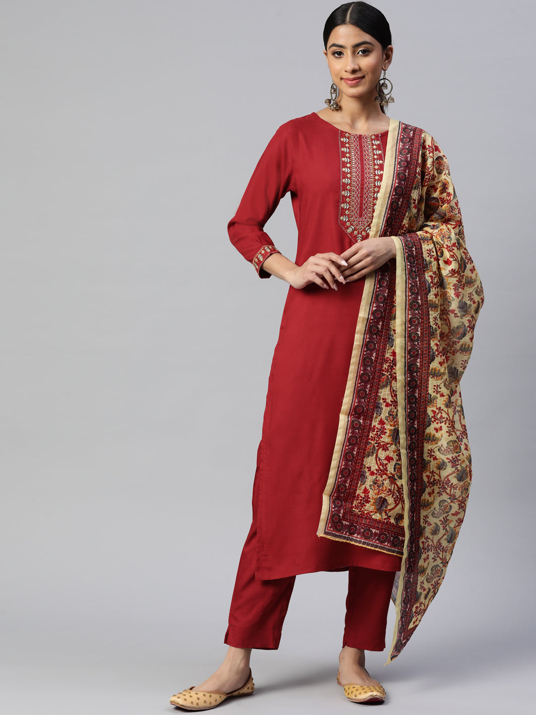 Women's Embroidered Straight Rayon Red Stitched Kurta Pant With Dupatta - Vbuyz