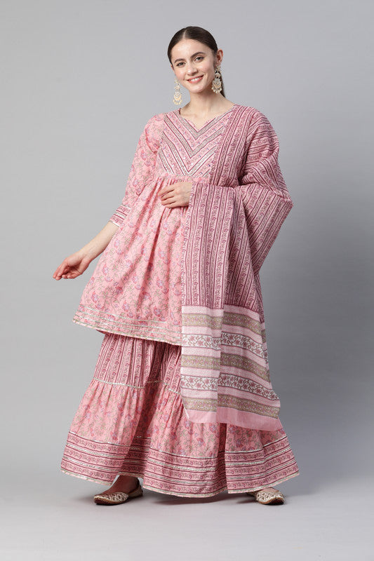 Women's Print & Gota Patti Flared Cotton Baby Pink Stitched Kurta Sharara With Dupatta - Vbuyz