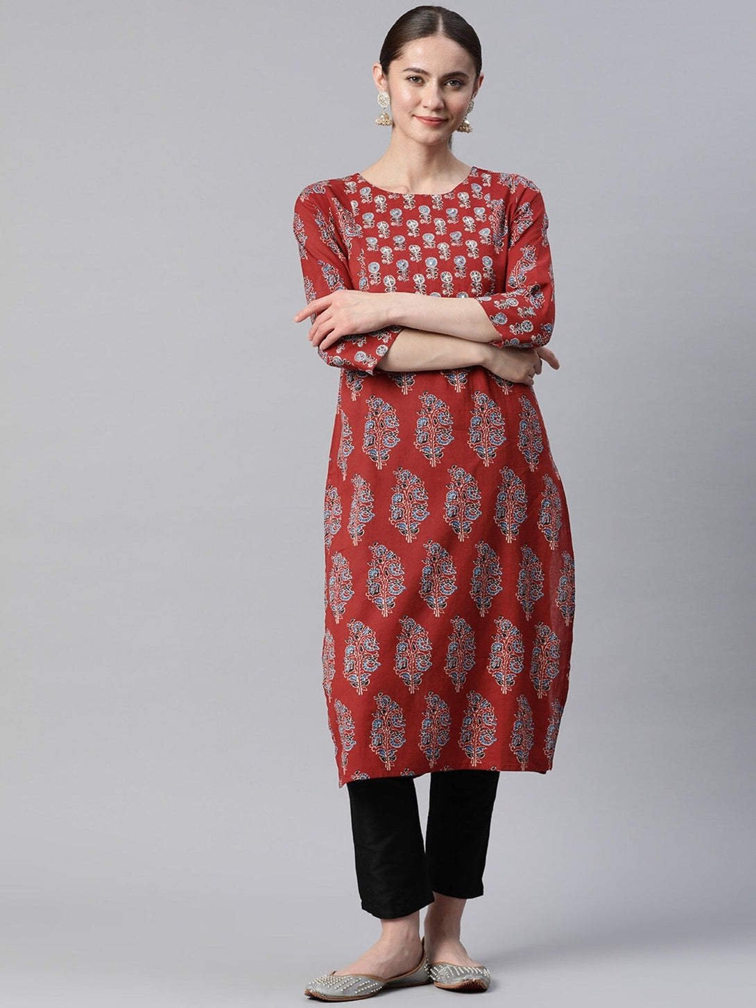 Women's Print & Hand Work Straight Cotton Maroon Stitched Kurta - Vbuyz