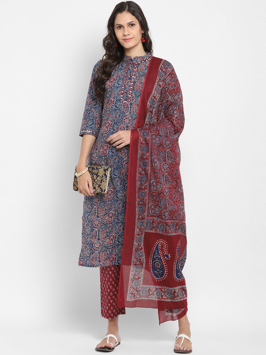 Women's Printed Blue Cotton Kurta With Pants & Dupatta By Vbuyz (3 Pc Set)