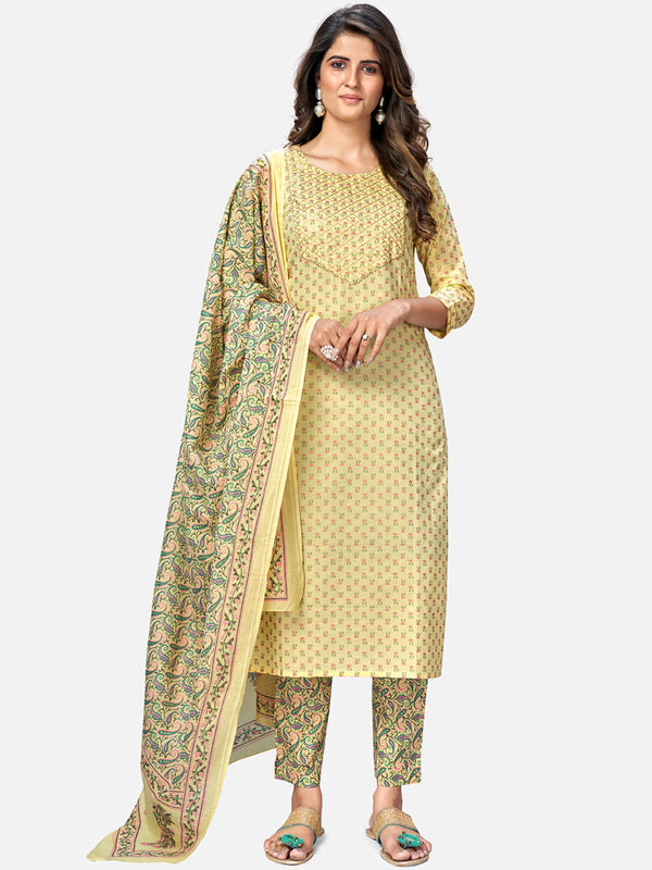 Women's Foil Print & Gota Patti Work Straight Cotton Yellow Kurta Pant With Dupatta  - Vbuyz