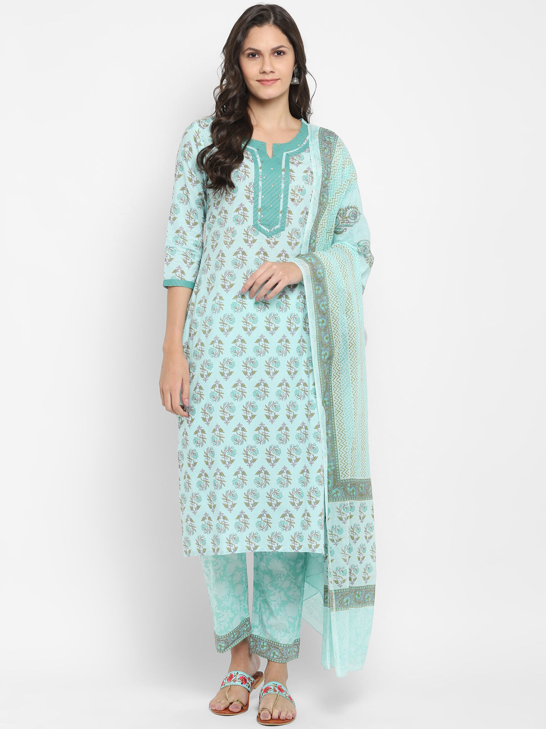 Women's Aqua Blue Printed Cotton Kurta With Pants & Dupatta By Vbuyz (3 Pc Set)