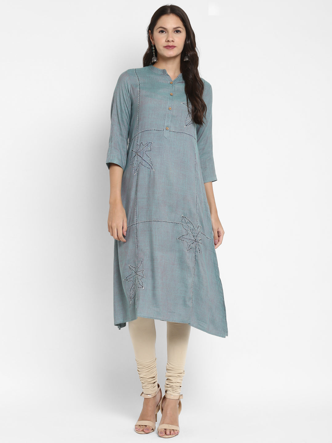 Women's Solid & Hand Work Straight Rayon Aqua Kurta - Vbuyz