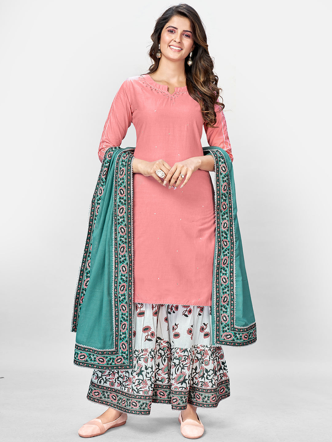 Women's Solid, Sequence & Gotta Patti Straight Cotton Pink Kurta Sharara With Dupatta - Vbuyz