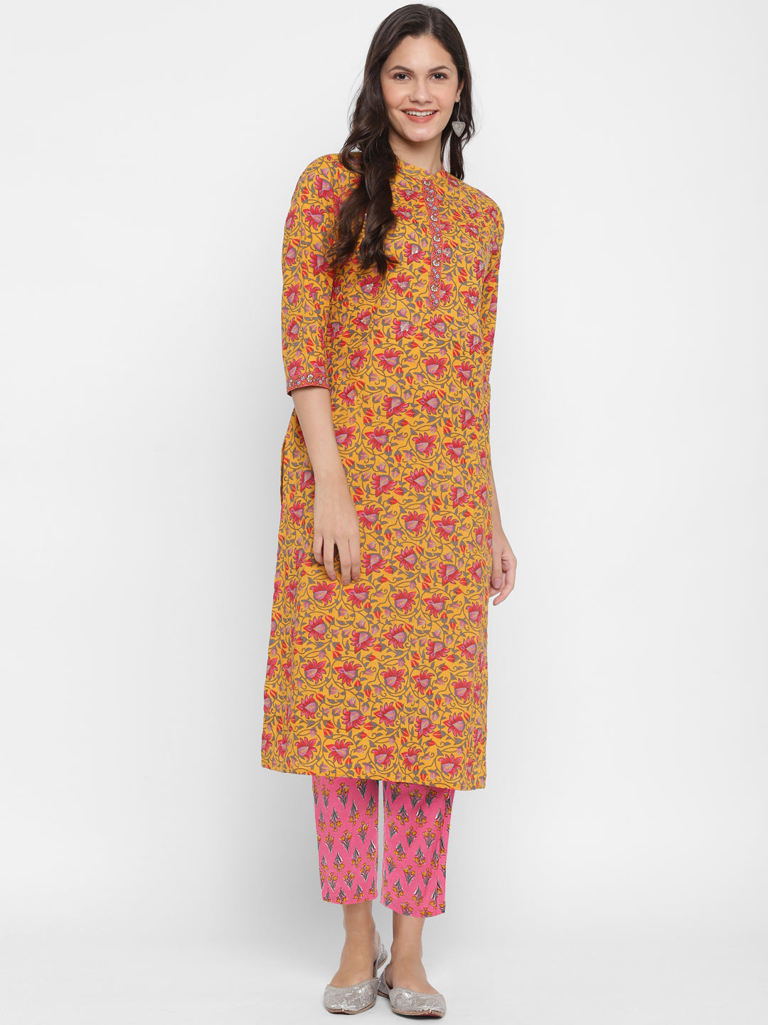 Women's Sequin Mustard Kurta With Pant By Vbuyz- (2Pcs Set)